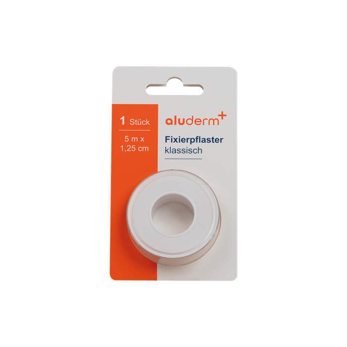 aluderm+ classic fixation tape, 5 m x 1.25 cm roll. aluderm+ classic fixation tape, 5 m x 1.25 cm roll.