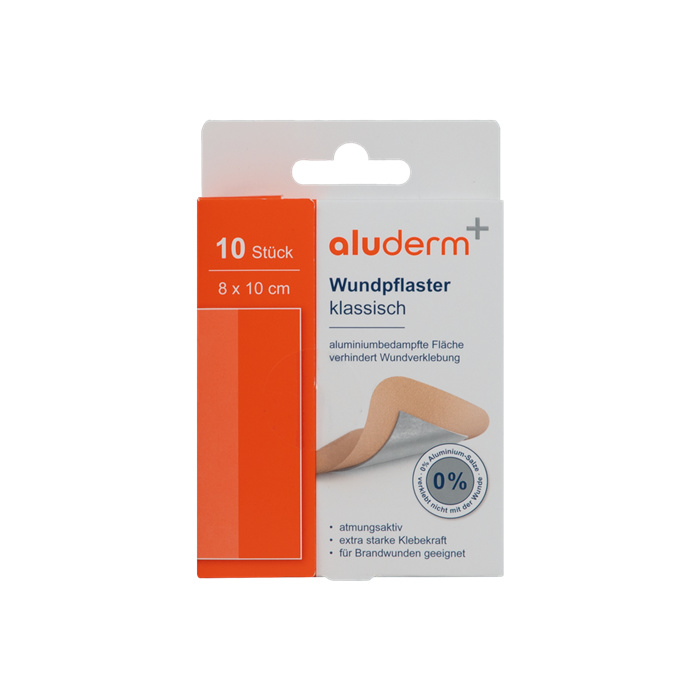aluderm+ classic wound plasters, 10 pieces 8 x 10 cm. aluderm+ classic wound plasters, 10 pieces 8 x 10 cm.