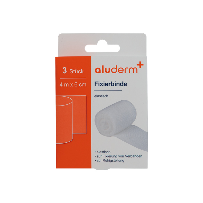 aluderm+ Fixierbinde elastisch, 3 Stück, 4 m x 6 cm aluderm+ Fixierbinde elastisch, 3 Stück, 4 m x 6 cm
