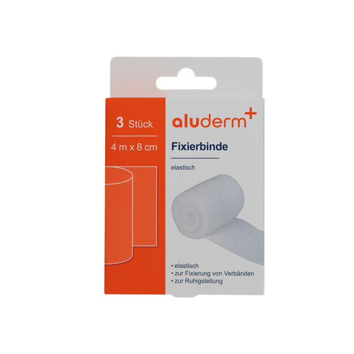 aluderm+ Fixierbinde elastisch, 3 Stück, 4 m x 8 cm aluderm+ Fixierbinde elastisch, 3 Stück, 4 m x 8 cm