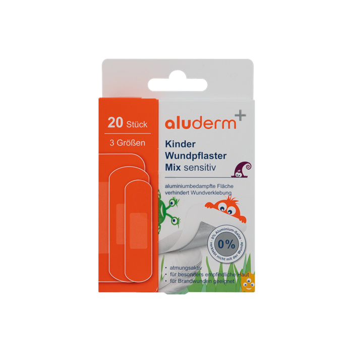 aluderm+, Kinder Wundpflaster Mix sensitiv, 20 Stück, 3 Grössen aluderm+, Kinder Wundpflaster Mix sensitiv, 20 Stück, 3 Grössen