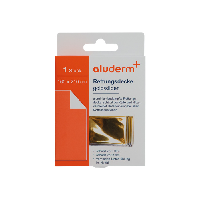 aluderm+ Rettungsdecke 160 cm x 210 cm, gold/silber aluderm+ Rettungsdecke 160 cm x 210 cm, gold/silber