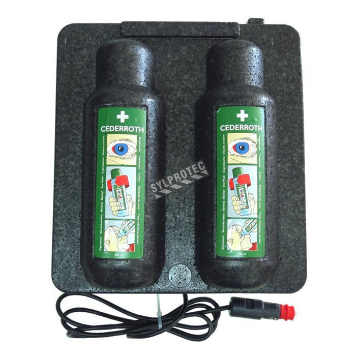 Armoire chauffante pour deux bouteilles de solution de rinçage oculaire de 500 ml Armoire chauffante pour deux bouteilles de solution de rinçage oculaire de 500 ml