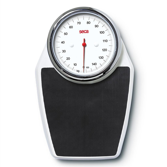 Balance mécanique plate, indicateur circulaire, capacité 150?kg, revêtement noir, boîtier blanc, graduation 1?kg Balance mécanique plate, indicateur circulaire, capacité 150?kg, revêtement noir, boîtier blanc, graduation 1?kg