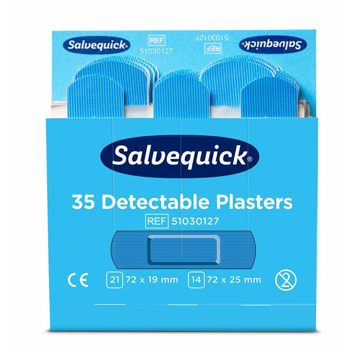 Blue Detectable plasters 6 x 35 pieces
21 pieces 72 x 19 mm and 14 pieces 72 x 25 mm Blue Detectable plasters 6 x 35 pieces
21 pieces 72 x 19 mm and 14 pieces 72 x 25 mm