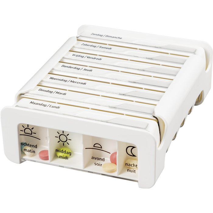 Boîte à médicaments ANABOX Compact pour 7 jours - 4 compartiments par jour nl - fr - blanche Boîte à médicaments ANABOX Compact pour 7 jours - 4 compartiments par jour nl - fr - blanche
