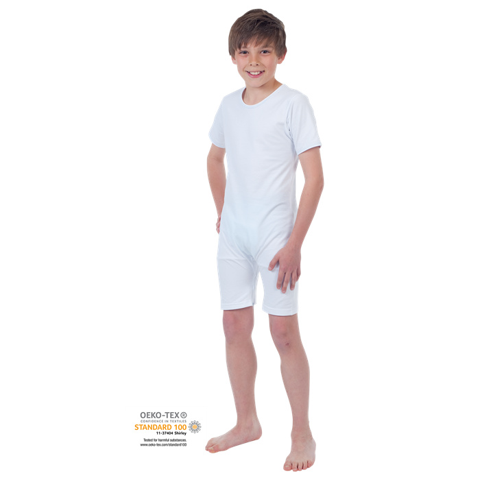 Children’s care bodysuit, cotton/elastane, short sleeves, short legs, leg zipper, white, 134/140 cm Children’s care bodysuit, cotton/elastane, short sleeves, short legs, leg zipper, white, 134/140 cm