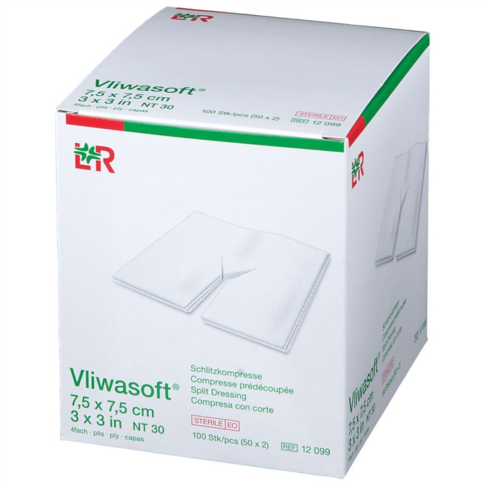 Compresses fendues Vliwasoft 7,5 x 7,5 cm, 50 x 2 pièces Compresses fendues Vliwasoft 7,5 x 7,5 cm, 50 x 2 pièces