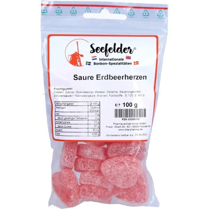 Cœurs à la fraise acidulés Seefelder, 100 g Cœurs à la fraise acidulés Seefelder, 100 g