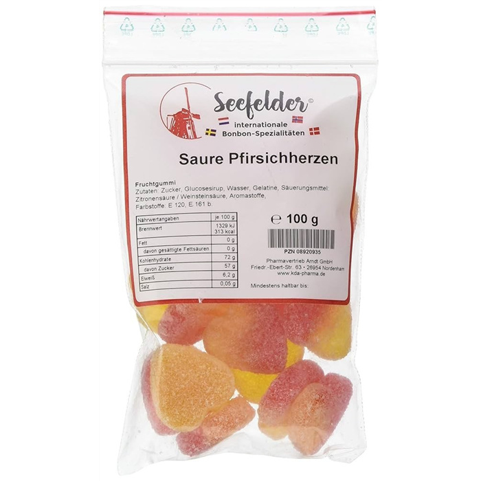 Cœurs à la pêche acidulés Seefelder 100 g Cœurs à la pêche acidulés Seefelder 100 g