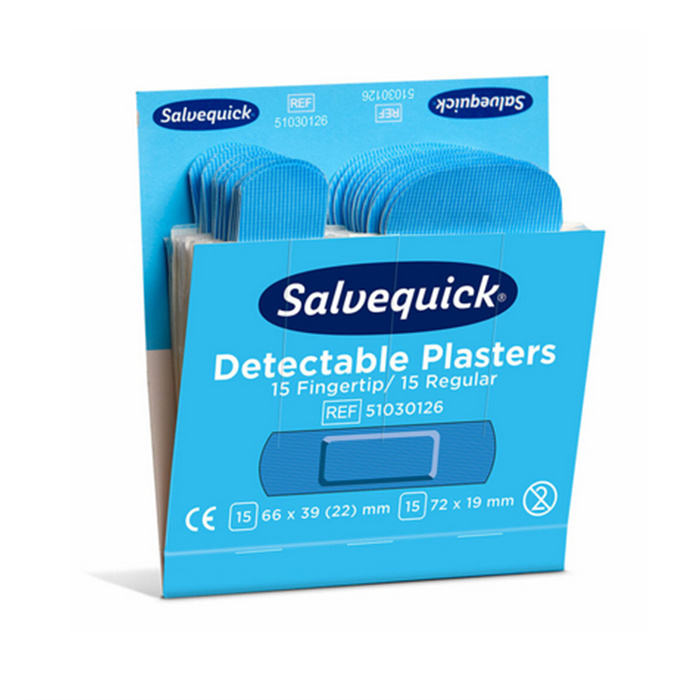 Detectable Blue Dressings,
30 Pflaster (15 St. à 63×39 (22) mm und 15 St. à 72×19 mm) 6 Nachfüllpackungen/Verp. Detectable Blue Dressings,
30 Pflaster (15 St. à 63×39 (22) mm und 15 St. à 72×19 mm) 6 Nachfüllpackungen/Verp.