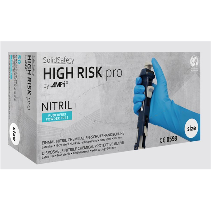 Einmalhandschuhe aus Nitril, Typ A, Größe XL, blau, Solidsafety High Risk Pro, 50 St. Einmalhandschuhe aus Nitril, Typ A, Größe XL, blau, Solidsafety High Risk Pro, 50 St.