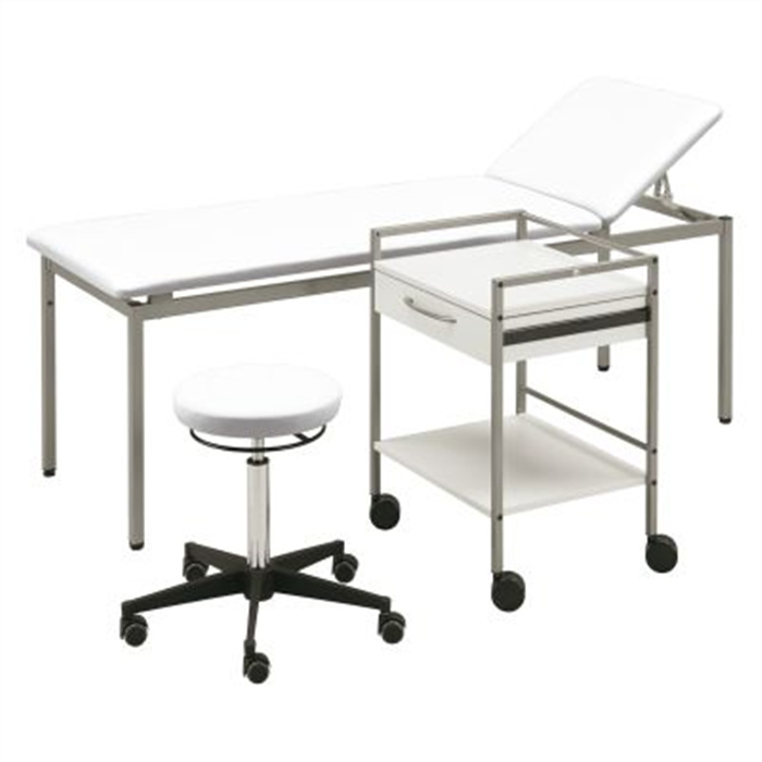 Ensemble de divan, table d’examen avec châssis et table d’appareillage Medi-Net Varimed®, blanc gris RAL 9002, tabouret pivotant, rembourrage blanc Ensemble de divan, table d’examen avec châssis et table d’appareillage Medi-Net Varimed®, blanc gris RAL 9002, tabouret pivotant, rembourrage blanc