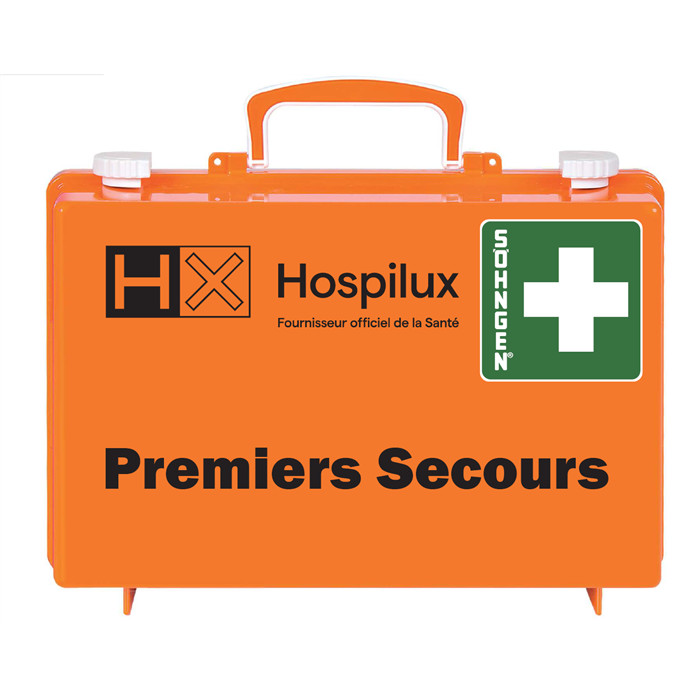 Erste Hilfe-Koffer SN-CD Norm orange 
DIN 13157, 310 x 210 x 130 mm mit Hospilux-Logo