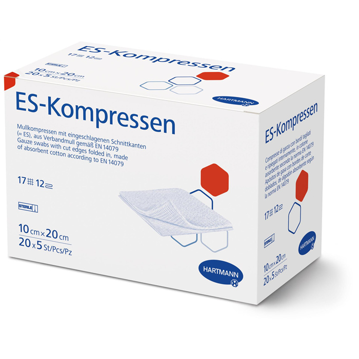 ES Compresses, 10 x 20 cm, Non-Sterile, 12-Ply, 100 pieces ES Compresses, 10 x 20 cm, Non-Sterile, 12-Ply, 100 pieces