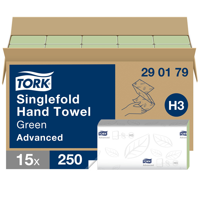 Essuie-mains Tork Green Singlefold, 23 x 25 cm, 2 plis, pli Z, carton de 3750 feuilles (15 x 250) Essuie-mains Tork Green Singlefold, 23 x 25 cm, 2 plis, pli Z, carton de 3750 feuilles (15 x 250)