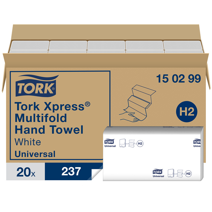 Essuie-mains Tork Xpress Multifold, 2 plis, 23,4 x 21 cm, carton de 4740 feuilles (20 paquets de 237) Essuie-mains Tork Xpress Multifold, 2 plis, 23,4 x 21 cm, carton de 4740 feuilles (20 paquets de 237)