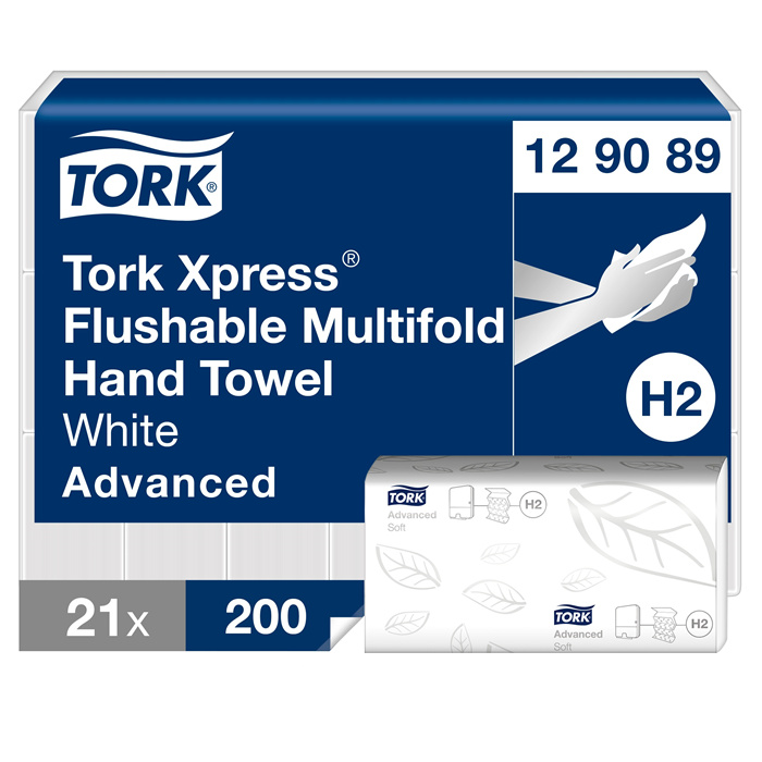 Essuie-mains Tork Xpress Multifold, 2 plis, 26 x 21 cm, flushable, carton de 4200 feuilles (21 paquets de 200) Essuie-mains Tork Xpress Multifold, 2 plis, 26 x 21 cm, flushable, carton de 4200 feuilles (21 paquets de 200)