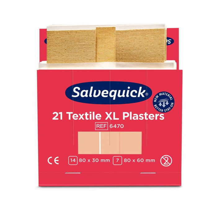 Extra Large Textile Plasters
21 pieces (14 de 80 x 30 mm, 7 de 80 x 60 mm)
6 refills/box Extra Large Textile Plasters
21 pieces (14 de 80 x 30 mm, 7 de 80 x 60 mm)
6 refills/box