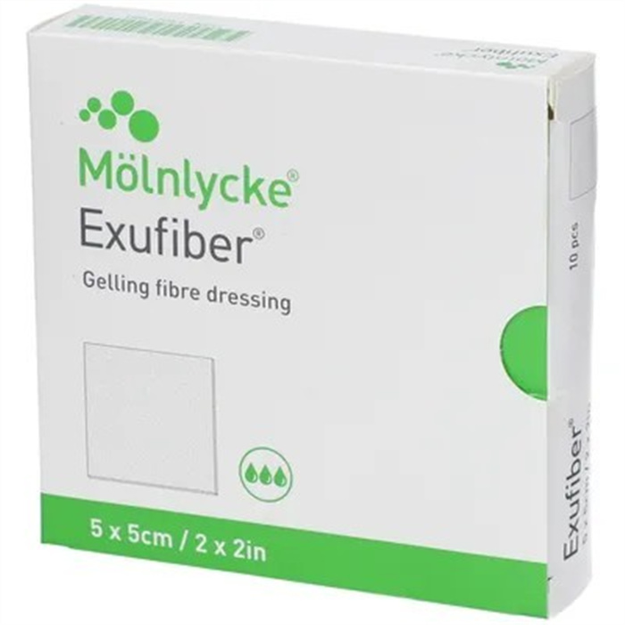 Exufiber, Gelling fibre dressing, 5 x 5 cm, box 10 pieces Exufiber, Gelling fibre dressing, 5 x 5 cm, box 10 pieces