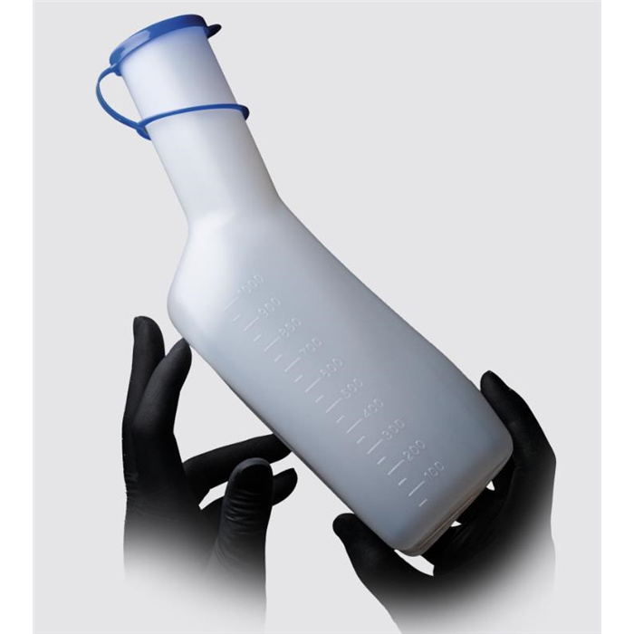 Flacon à urine en PE pour hommes, de forme carrée, blanc/laiteux avec un bouchon en PP bleu Flacon à urine en PE pour hommes, de forme carrée, blanc/laiteux avec un bouchon en PP bleu