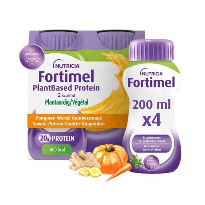 Fortimel PlantBased Protein 2 kcal/ml, Saveur Potiron - Carotte - Gingembre, 4 x 200 ml Fortimel PlantBased Protein 2 kcal/ml, Saveur Potiron - Carotte - Gingembre, 4 x 200 ml