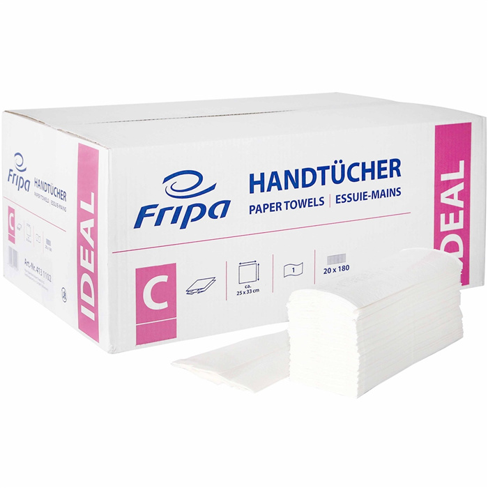 Fripa Ideal paper hand towels, C-fold, 3600 sheets, 1-ply, 25 x 33 cm Fripa Ideal paper hand towels, C-fold, 3600 sheets, 1-ply, 25 x 33 cm