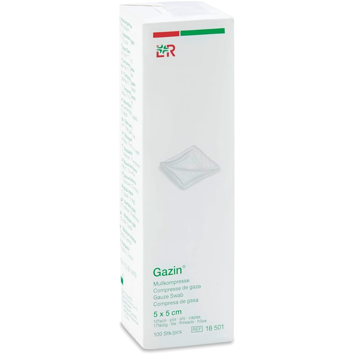 Gazin 1D non-sterile compress, 5 x 5 cm, 12 ply, box of 100 pieces Gazin 1D non-sterile compress, 5 x 5 cm, 12 ply, box of 100 pieces