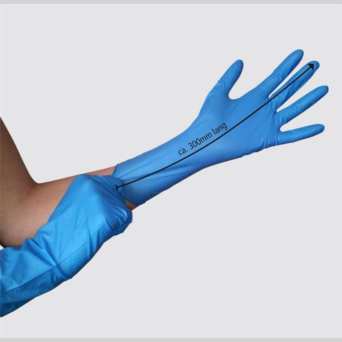 Lange Nitrilhandschuhe, blau, Größe S, puderfrei, Med-Comfort blue 300, 100 St. Lange Nitrilhandschuhe, blau, Größe S, puderfrei, Med-Comfort blue 300, 100 St.