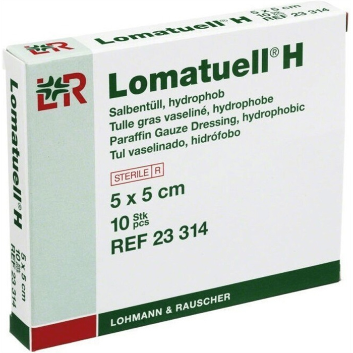 Lomatuell H, steriler Paraffin-Gittertüllverband, 5 x 5 cm Lomatuell H, steriler Paraffin-Gittertüllverband, 5 x 5 cm