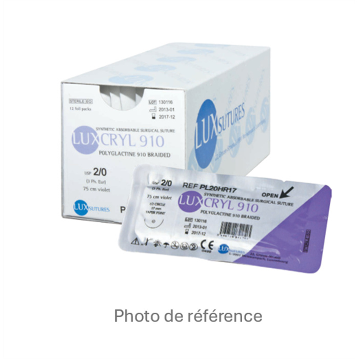 LUXCRYL 910 Reverse cutting 3/8 Circle DS 16 - 16 mm - 3/0 75 cm Violet, 12 pieces LUXCRYL 910 Reverse cutting 3/8 Circle DS 16 - 16 mm - 3/0 75 cm Violet, 12 pieces