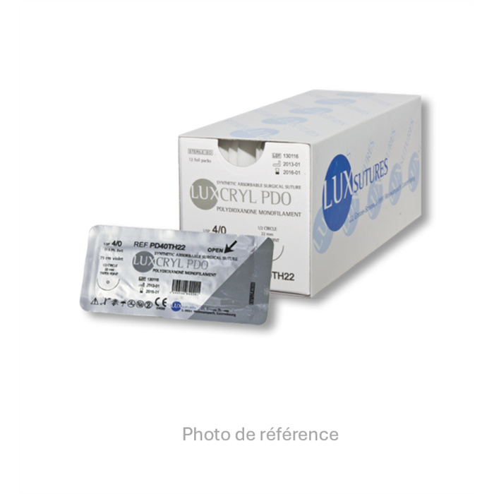LUXCRYL MONO PDO fil de suture 75 cm EP 3 USP 2/0, aiguille 1/2 circulaire, conique, 26 mm, boîte de 12 LUXCRYL MONO PDO fil de suture 75 cm EP 3 USP 2/0, aiguille 1/2 circulaire, conique, 26 mm, boîte de 12
