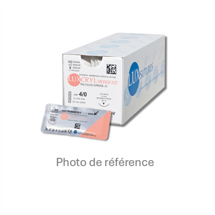 LUXCRYL MONOFAST – Fil de suture résorbable monofilament violet, 3/0, 75 cm, aiguille 19 mm (3/8 cercle), boîte de 12 LUXCRYL MONOFAST – Fil de suture résorbable monofilament violet, 3/0, 75 cm, aiguille 19 mm (3/8 cercle), boîte de 12