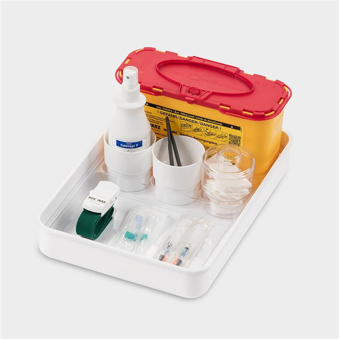 Melijekt tray for syringes and blood sampling 1/1 + 3B-35/ERS, with needle disposal container Melijekt tray for syringes and blood sampling 1/1 + 3B-35/ERS, with needle disposal container