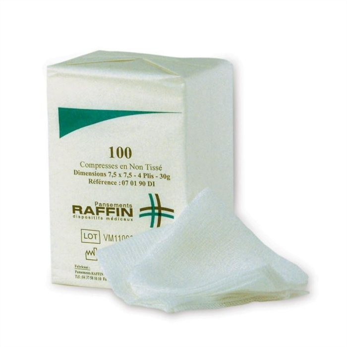 Non-woven compresses, 7.5 x 7.5 cm, non-sterile, 4-ply, 30 g, pack of 100 Non-woven compresses, 7.5 x 7.5 cm, non-sterile, 4-ply, 30 g, pack of 100