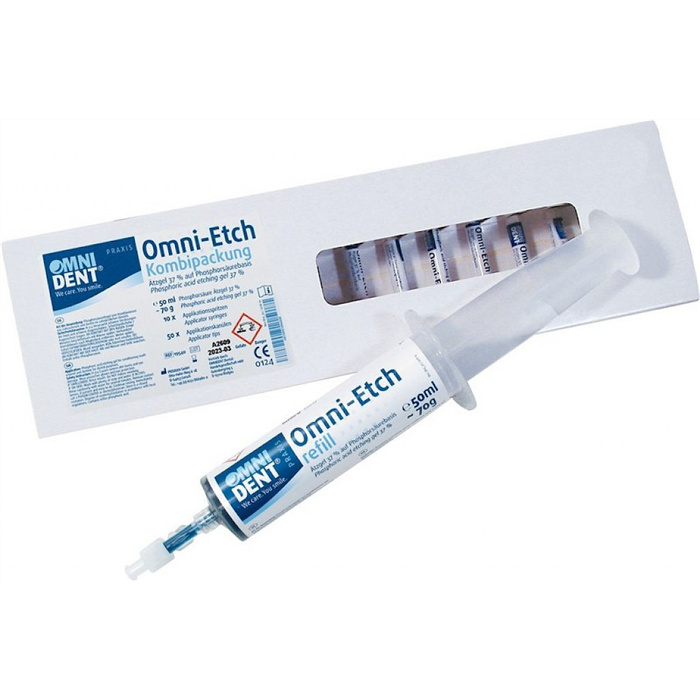 Omni-Etch - Pack of 70 g jumbo syringe, 10 application syringes, 1 transfer adapter, 50 application cannulas Omni-Etch - Pack of 70 g jumbo syringe, 10 application syringes, 1 transfer adapter, 50 application cannulas