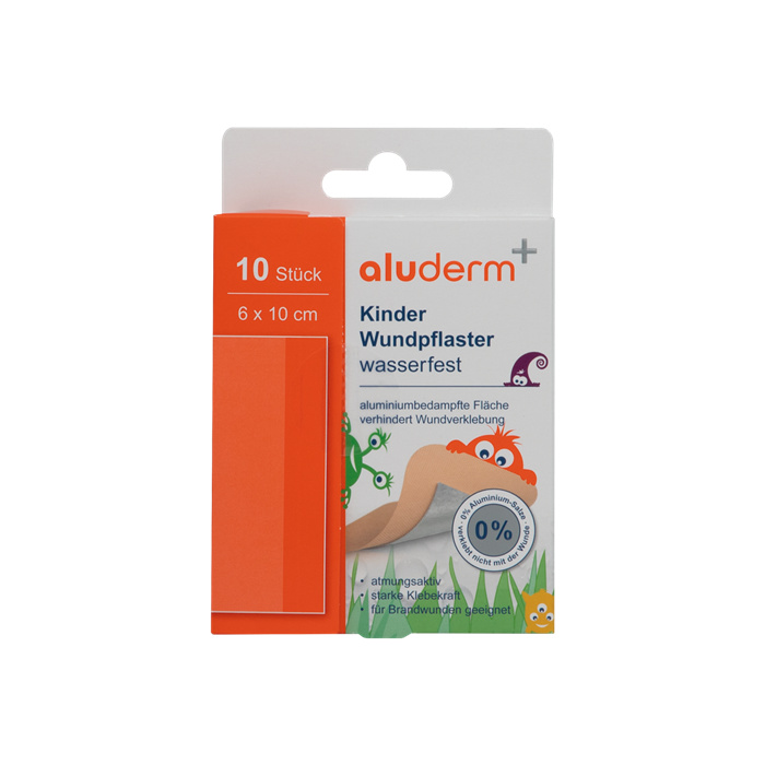 Pansements enfants aluderm+, résistants à l’eau, 10 pieces, 6 × 10 cm Pansements enfants aluderm+, résistants à l’eau, 10 pieces, 6 × 10 cm