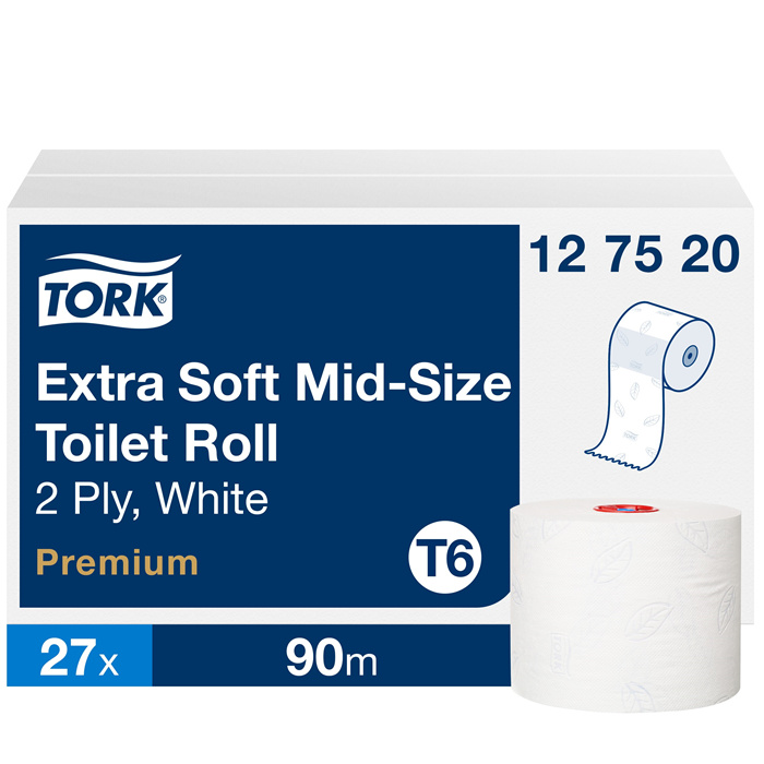 Papier toilette Tork Soft Mid-Size, carton de 27 rouleaux, 90 m x 10 cm, 2 plis Papier toilette Tork Soft Mid-Size, carton de 27 rouleaux, 90 m x 10 cm, 2 plis