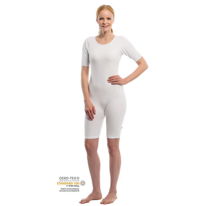Pflegebody Baumwolle/Elasthan, Kurzarm, kurzes Bein, Rückenreißverschluss, weiß, Größe M Pflegebody Baumwolle/Elasthan, Kurzarm, kurzes Bein, Rückenreißverschluss, weiß, Größe M