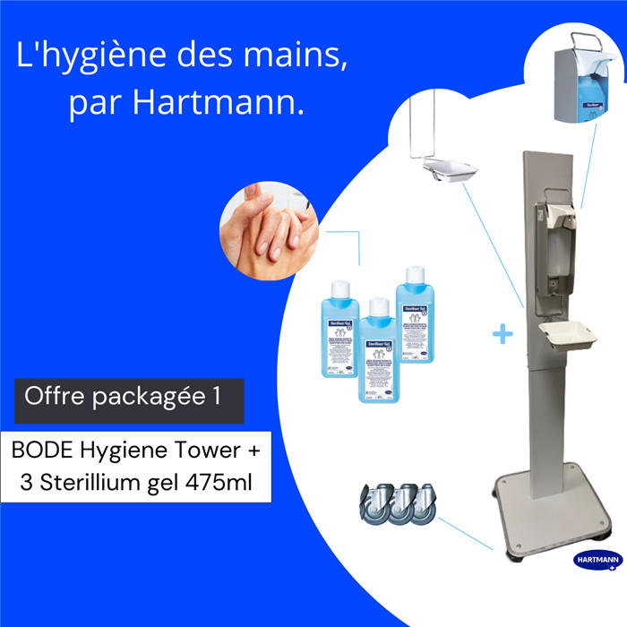 Promopack Hygiene Tower bestehend aus: 1 Tower, 1 Spender und 3 Sterillium Gel Promopack Hygiene Tower bestehend aus: 1 Tower, 1 Spender und 3 Sterillium Gel