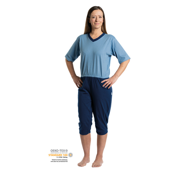 Pyjama de soin, 100 % coton, manches courtes, fermeture éclair dans le dos et aux jambes, bleu à pois, taille L Pyjama de soin, 100 % coton, manches courtes, fermeture éclair dans le dos et aux jambes, bleu à pois, taille L