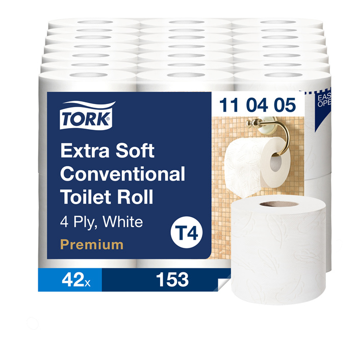 Tork Extra Soft Toilettenpapier, konventionelles Format, 7 x 6 Rollen, 153 Blatt, 4-lagig Tork Extra Soft Toilettenpapier, konventionelles Format, 7 x 6 Rollen, 153 Blatt, 4-lagig