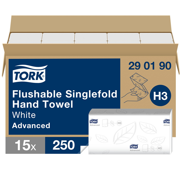 Tork Flushable Singlefold Handtücher, 23 x 23 cm, Karton mit 3750 Blatt (15 x 250) Tork Flushable Singlefold Handtücher, 23 x 23 cm, Karton mit 3750 Blatt (15 x 250)